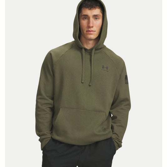 Man wearing a green hoodie with a brand logo on a white background. Willapa Outdoor