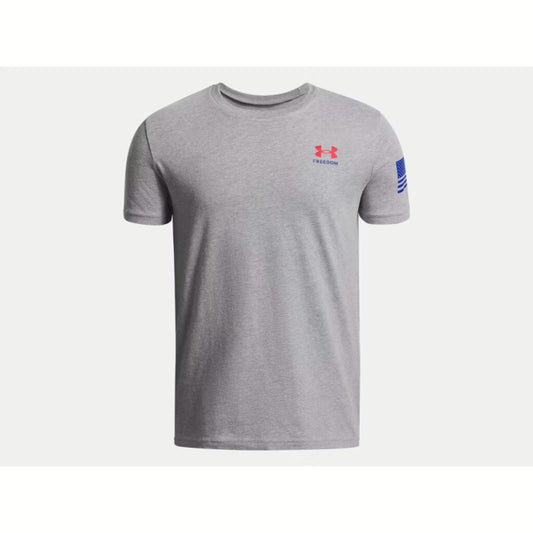 Gray t-shirt with logos on sleeves against a white background-Willapa Outdoor