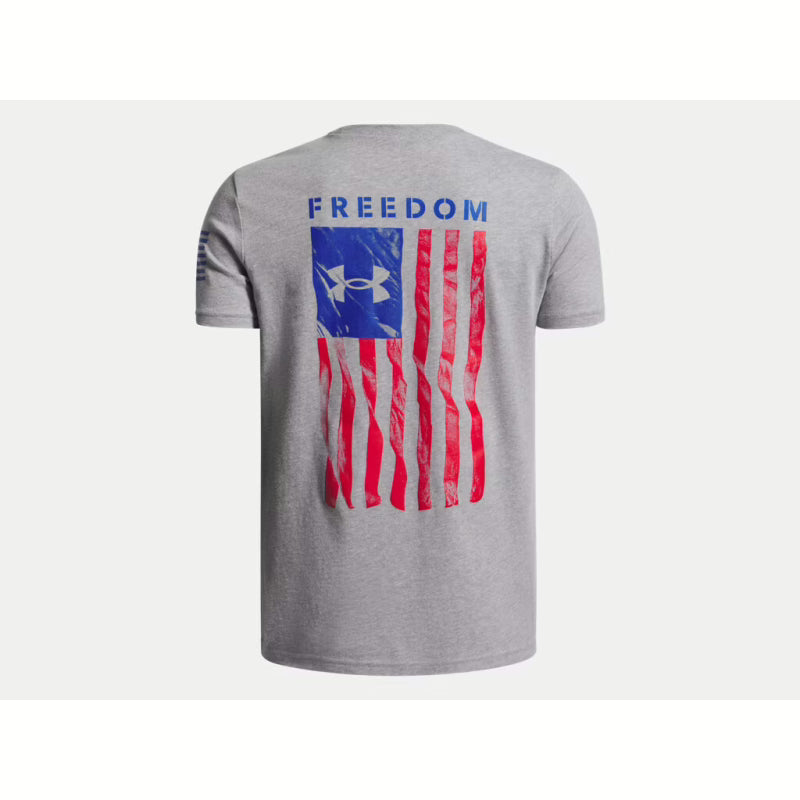 Gray t-shirt with American flag and 'FREEDOM' text on a white background-Willapa Outdoor
