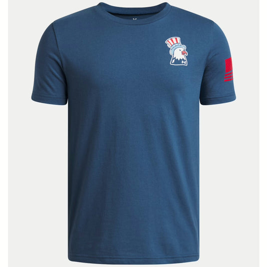 Blue t-shirt with a logo on the chest and sleeve stripes on a white background. Willapa Outdoor