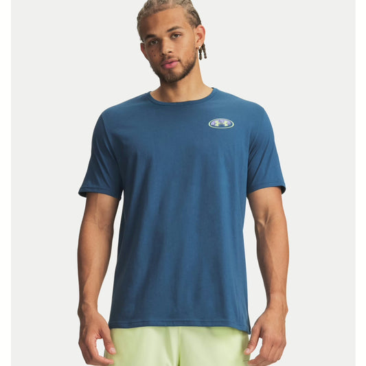 Man wearing a blue t-shirt with a logo on a white background-Willapa Outdoor