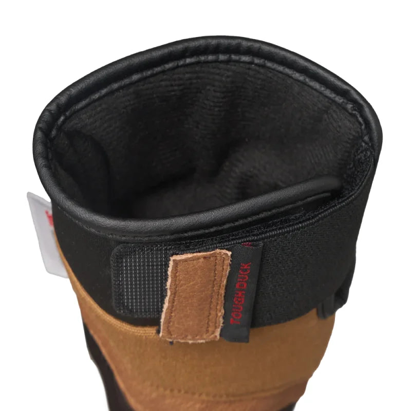Close-up of a brown boot with a black tongue and 'Tough Duck' label on a white background-Willapa Outdoor