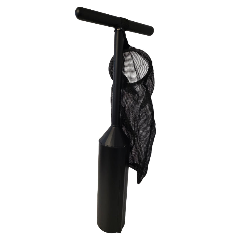Black aluminum clam gun with a mesh clam bag on a white background - Willapa Outdoor