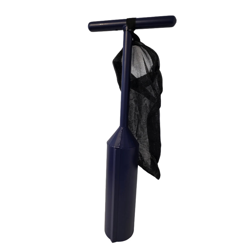 Dark blue aluminum clam gun with attached black nylon clam bag on a white background - Willapa Outdoor
