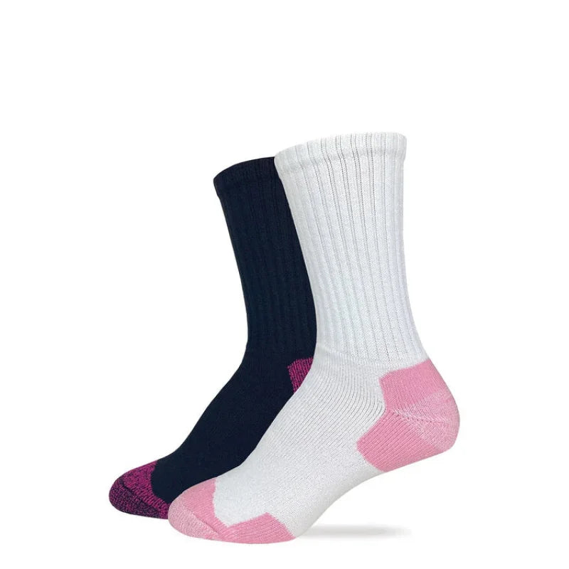 Two socks, one white with pink accents and one navy with pink accents, on a white background. Willapa Outdoor