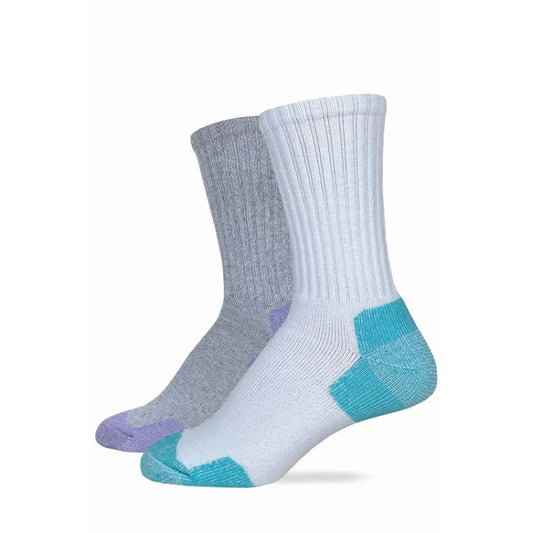 Two pairs of socks, one gray and white, one white with blue accents, on a white background. Willapa Outdoor