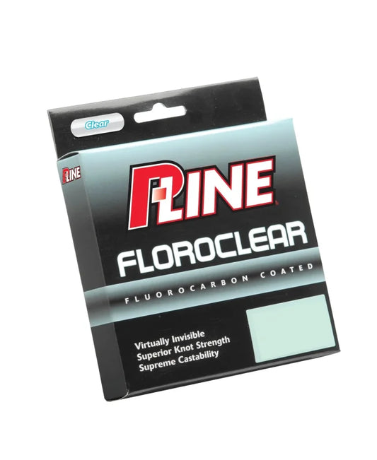 P-Line Floroclear fluorocarbon coated fishing line packaging on a white background