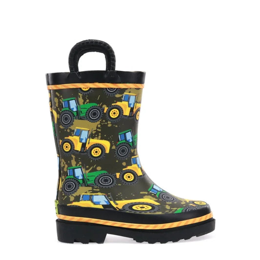 Children's rain boot with tractor pattern on a white background-Willapa Outdoor