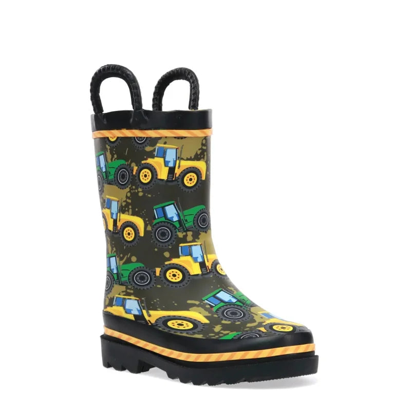 Children's rain boot with tractor pattern on a white background-Willapa Outdoor