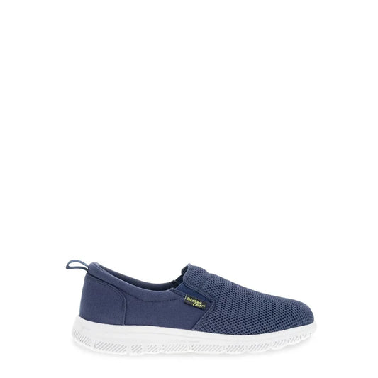 Blue slip-on shoe with a white sole on a white background-Willapa Outdoor