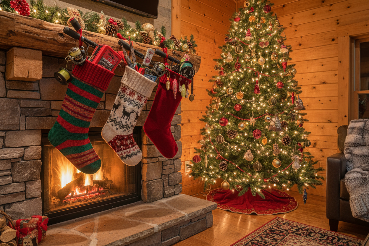 multiple christmas stockings stuffed with fishing gear hung on a rustic mantle with a christmas tree in the background
