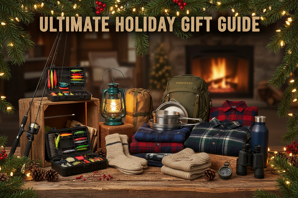 Ultimate Holiday Gift Guide, show fishing, camping, flannels, socks and outdoor gifts. Outdoorsy theme