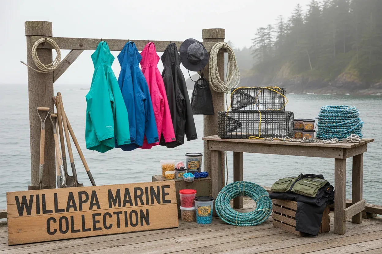 Marine collection items on a dock with Willapa Marine Collection sign.